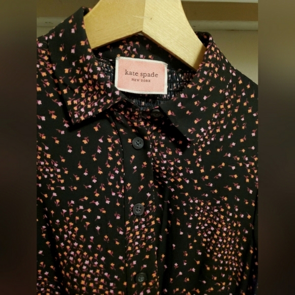 NWOT Kate Spade Meadow Smocked Back Shirtdress. Black. Orange, pink floral. 2. - Picture 4 of 16